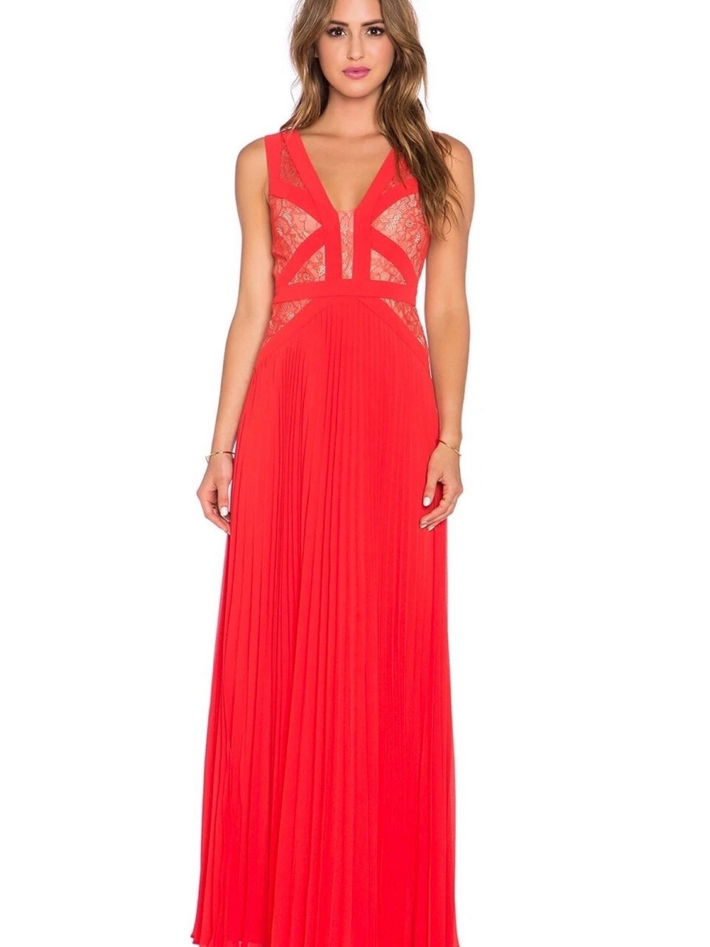 BCBG MAXAZRIA Bright Poppy Pleated Maxi Dress